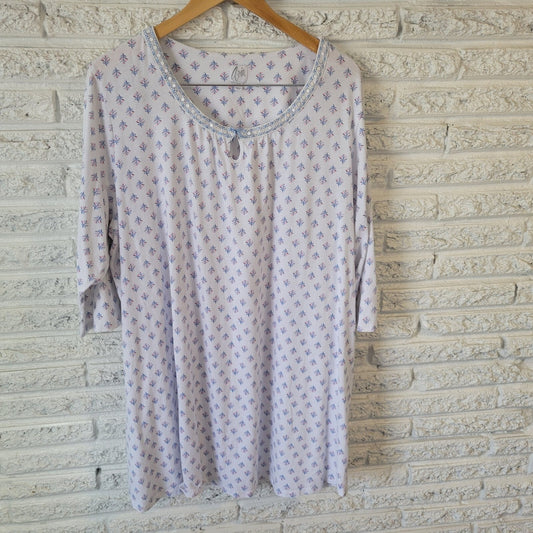 Aria Womens Pajama Top 3X Plus 3/4 Sleeve Blue Pink Floral Lace Trim Lightweight