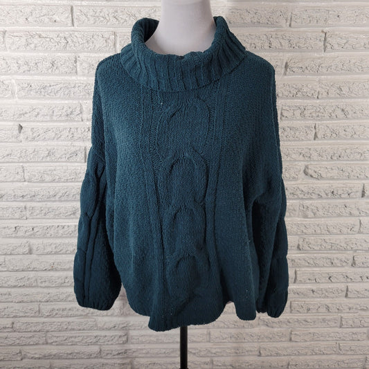 Seven 7 Womens Sweater Extra Large Turtleneck Green Cable Knit Casual Polyester