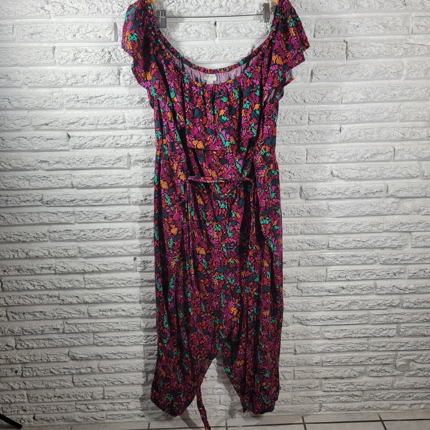 Ava Viv Women Jumpsuit 4X Plus On Off Shoulder Sash Ruffle Pink Floral Pockets