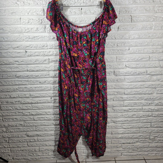 Ava Viv Women Jumpsuit 4X Plus On Off Shoulder Sash Ruffle Pink Floral Pockets
