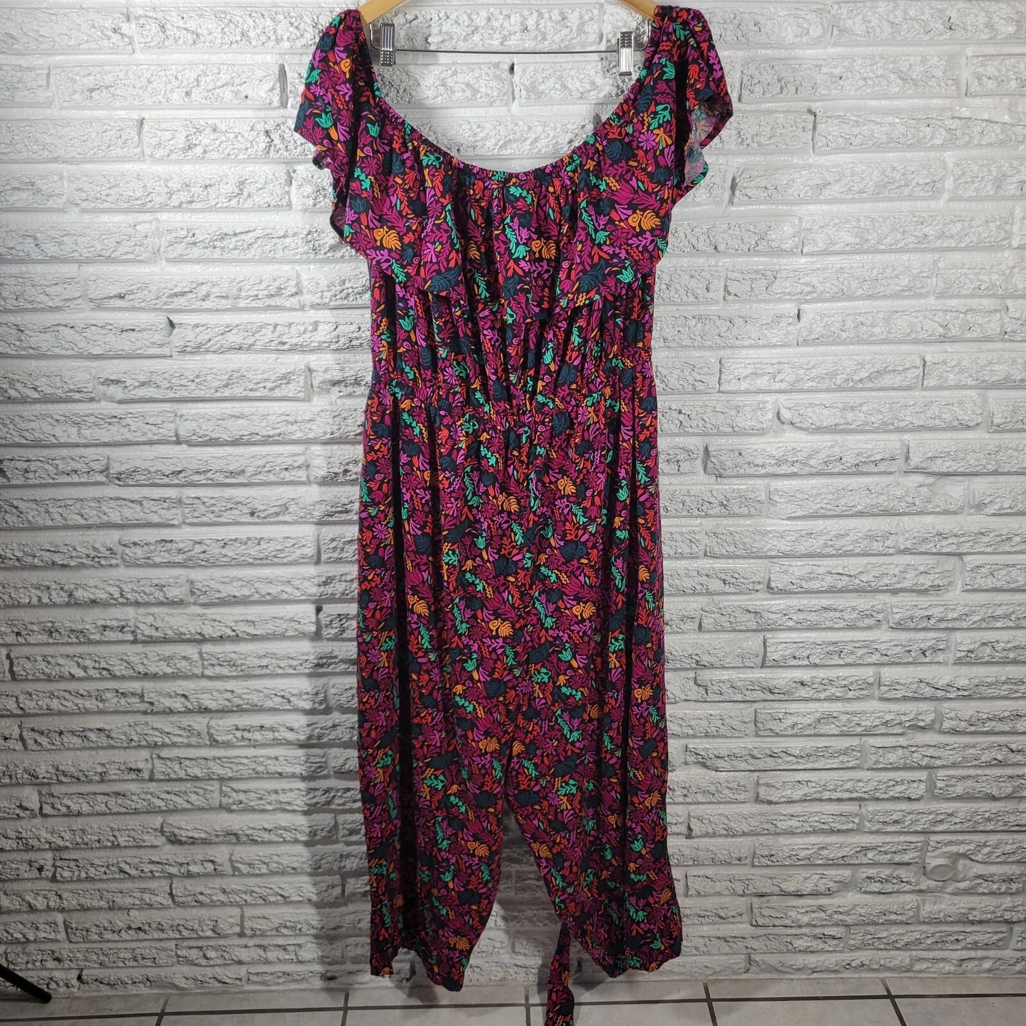 Ava Viv Women Jumpsuit 4X Plus On Off Shoulder Sash Ruffle Pink Floral Pockets