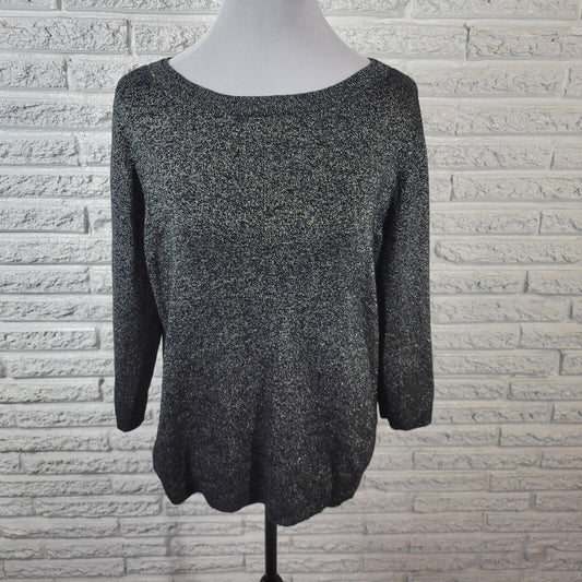 Liz Claiborne Womens Sweater Extra Large XL Black Silver Metallic 3/4 Sleeve