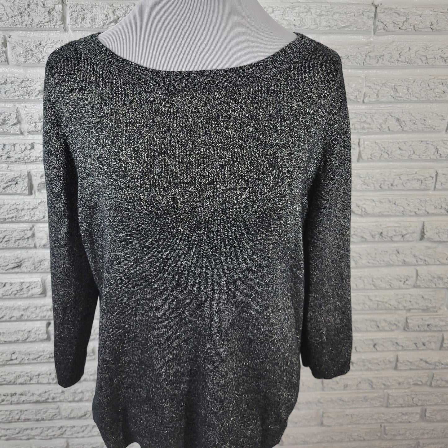 Liz Claiborne Womens Sweater Extra Large XL Black Silver Metallic 3/4 Sleeve