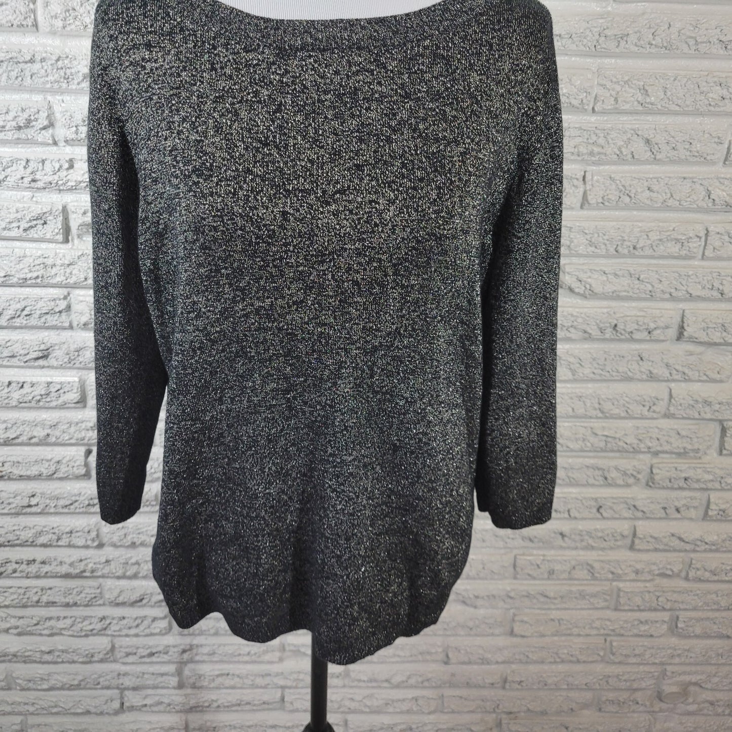 Liz Claiborne Womens Sweater Extra Large XL Black Silver Metallic 3/4 Sleeve