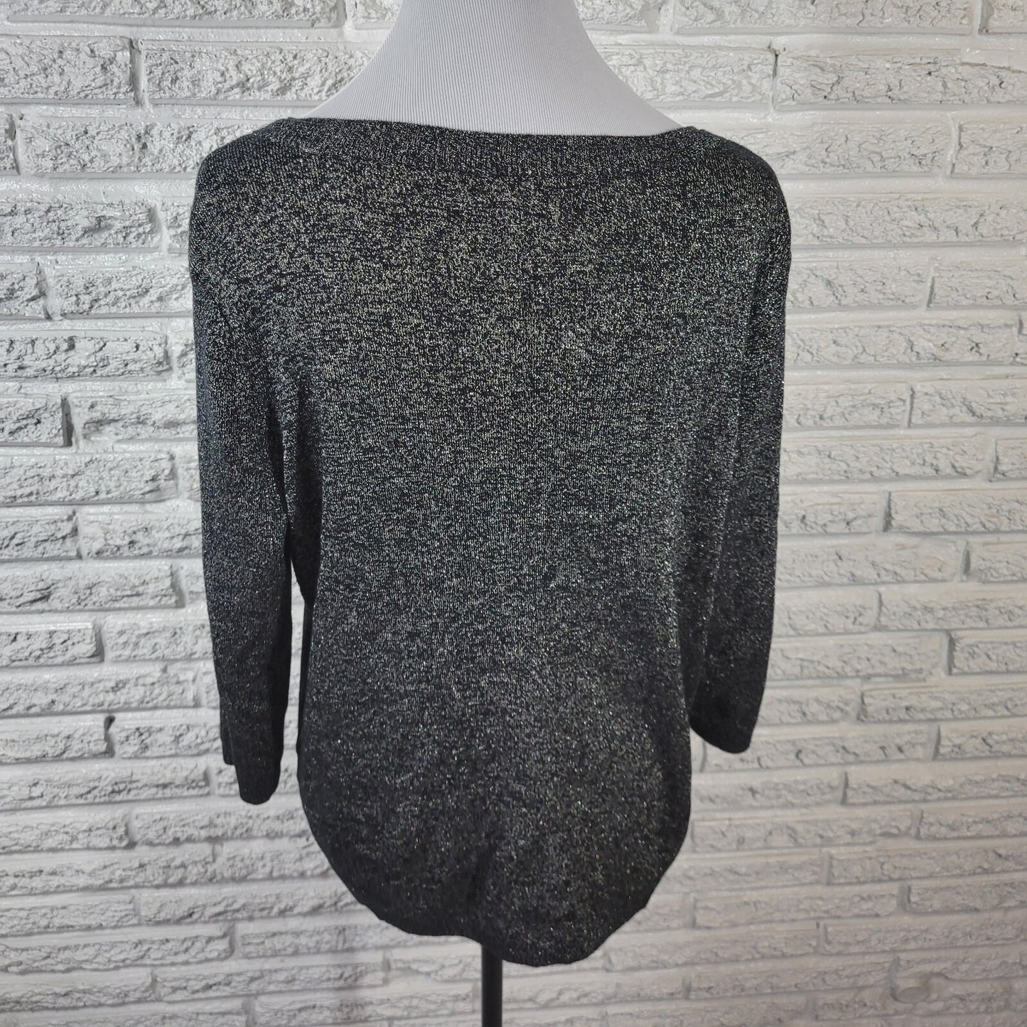 Liz Claiborne Womens Sweater Extra Large XL Black Silver Metallic 3/4 Sleeve
