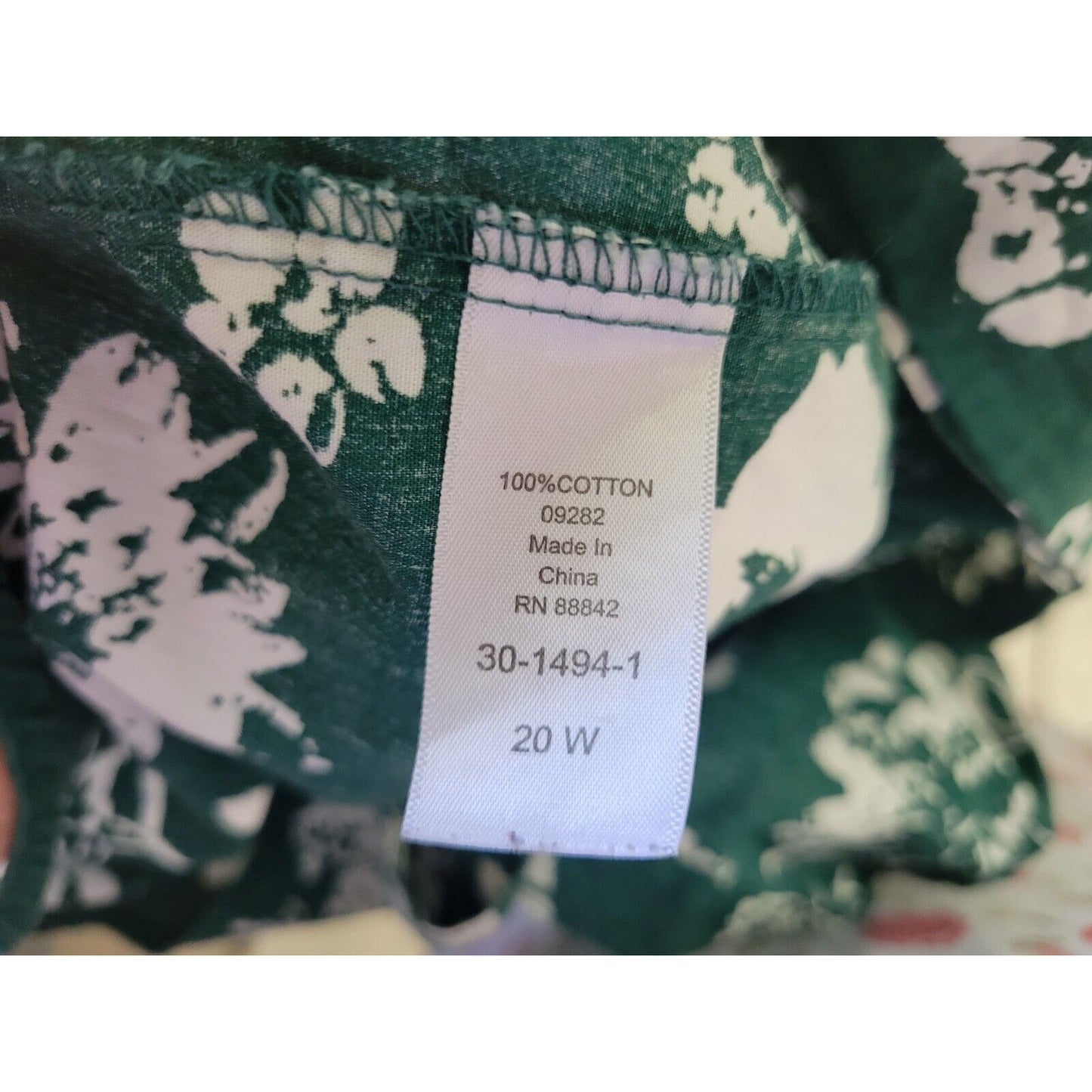 Roamans Womens Top 20W Long Sleeve Green Floral Cotton Collar Casual Button Up