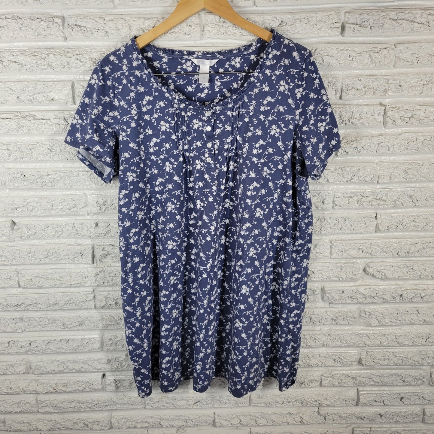 Adonna Womens Pajama Top Extra Large XL Blue Floral Cotton Pintucked Lightweight