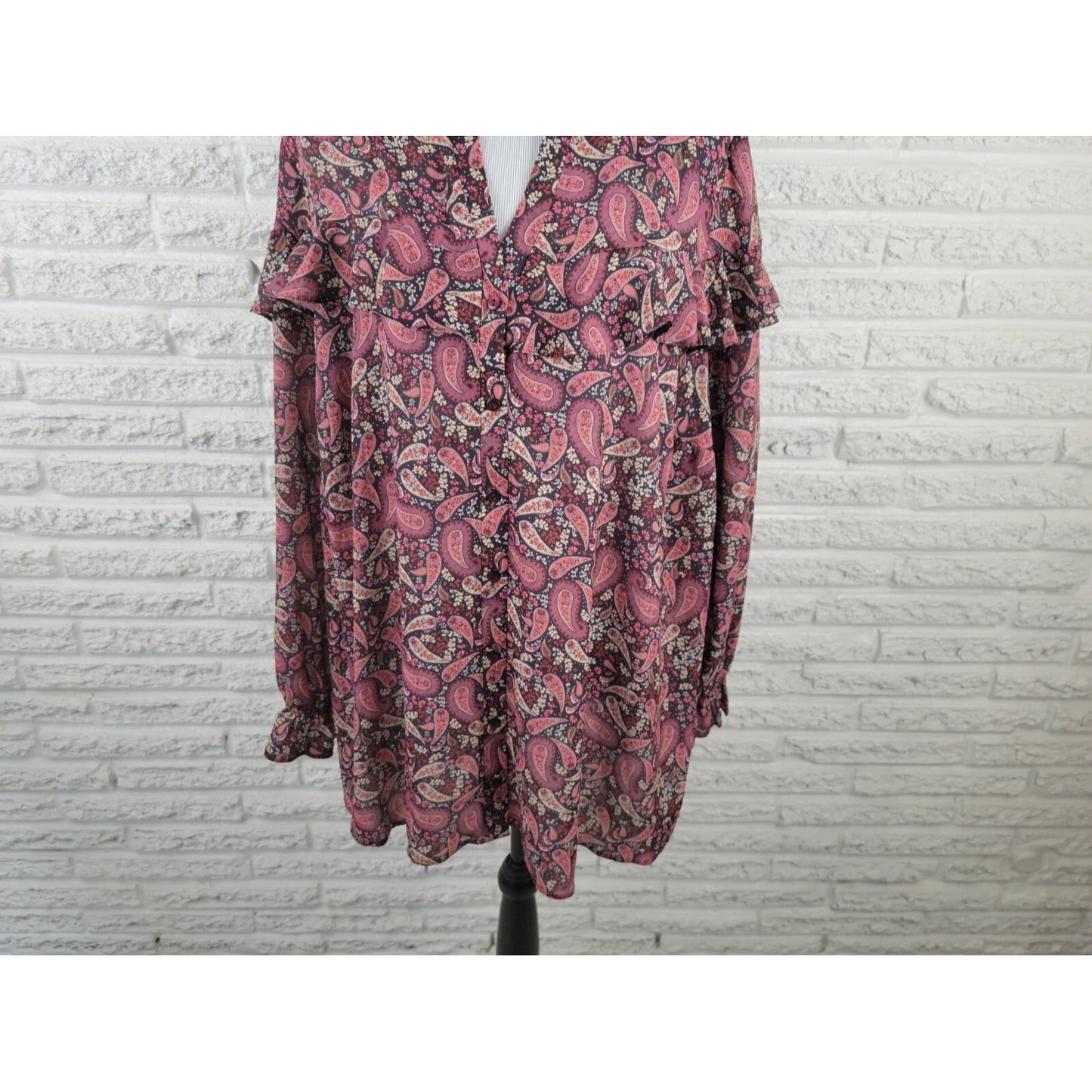 Evans Womens Shirt 26 Plus Long Sleeve Ruffle Button Burgundy Paisley Career