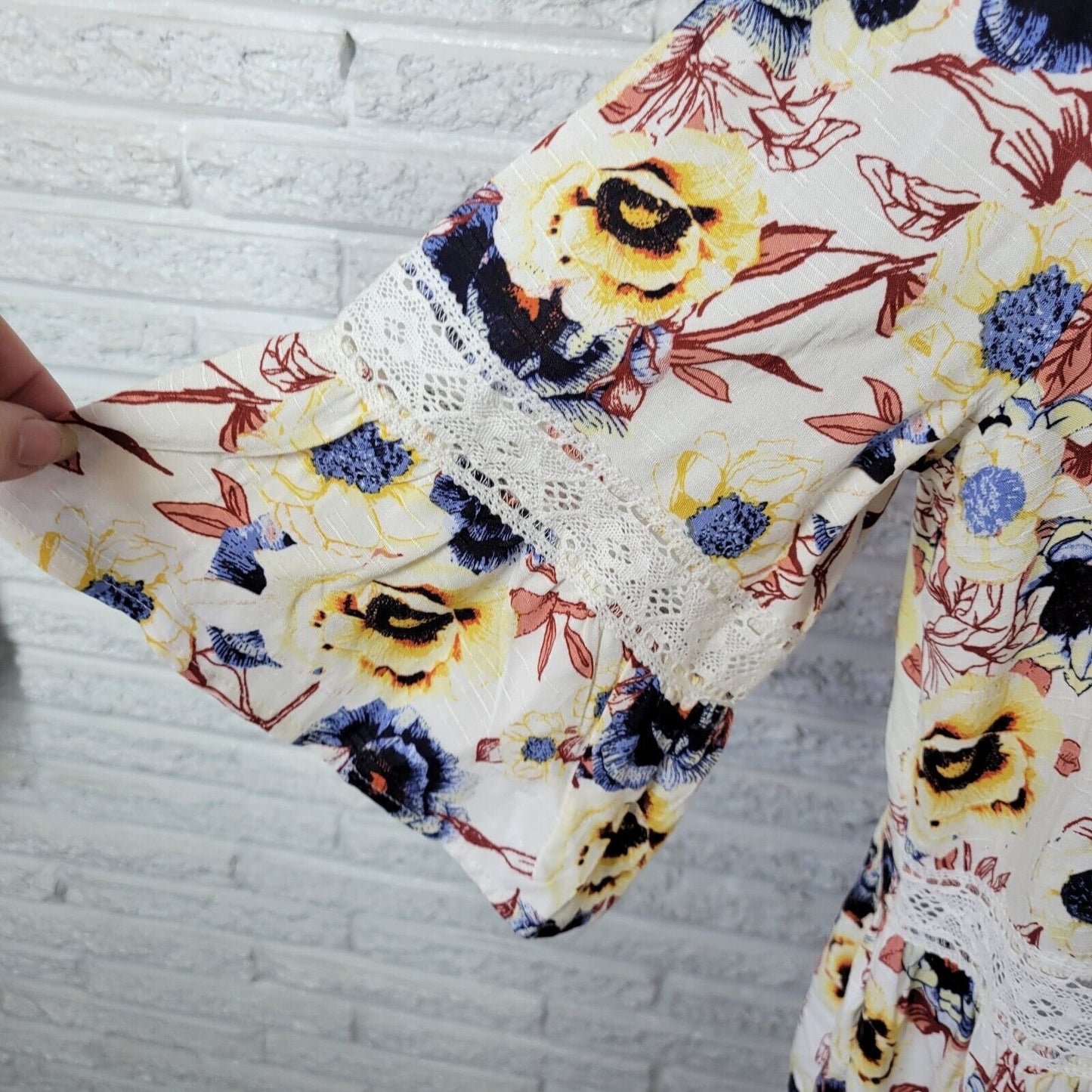 Maurices Womens Top 0X Baby Doll Bell Sleeve Blue Brown Floral Lightweight Rayon