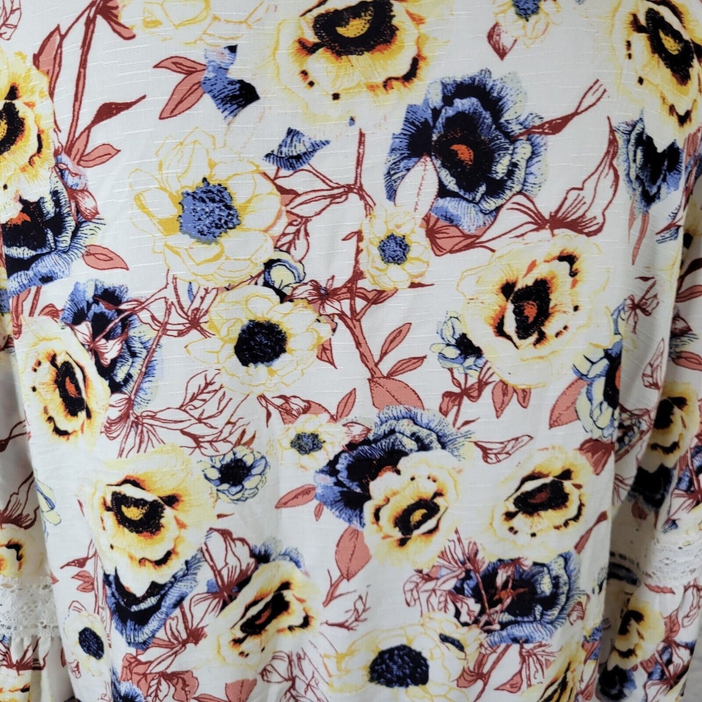 Maurices Womens Top 0X Baby Doll Bell Sleeve Blue Brown Floral Lightweight Rayon