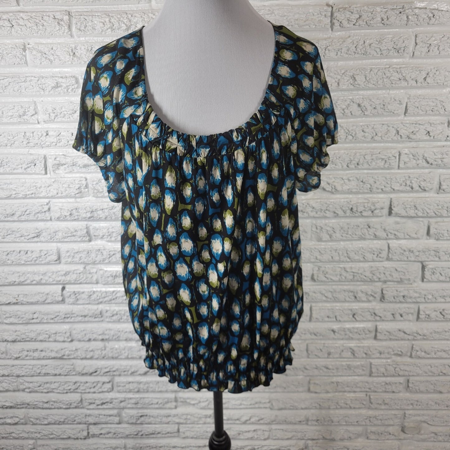 Worthington Womens Top Extra Large XL Peplum Puff Sleeve Blue Black Watercolor