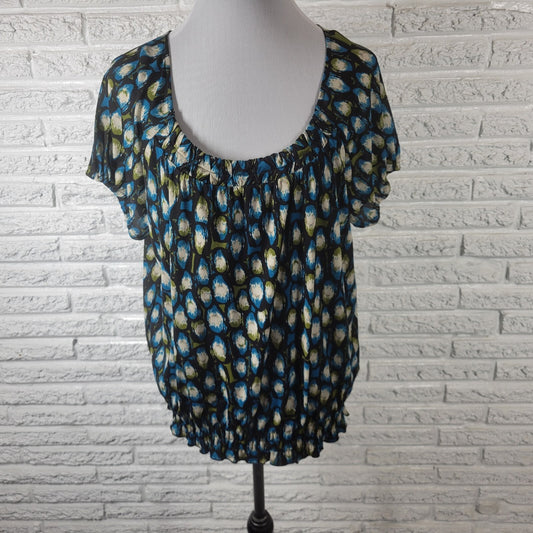 Worthington Womens Top Extra Large XL Peplum Puff Sleeve Blue Black Watercolor