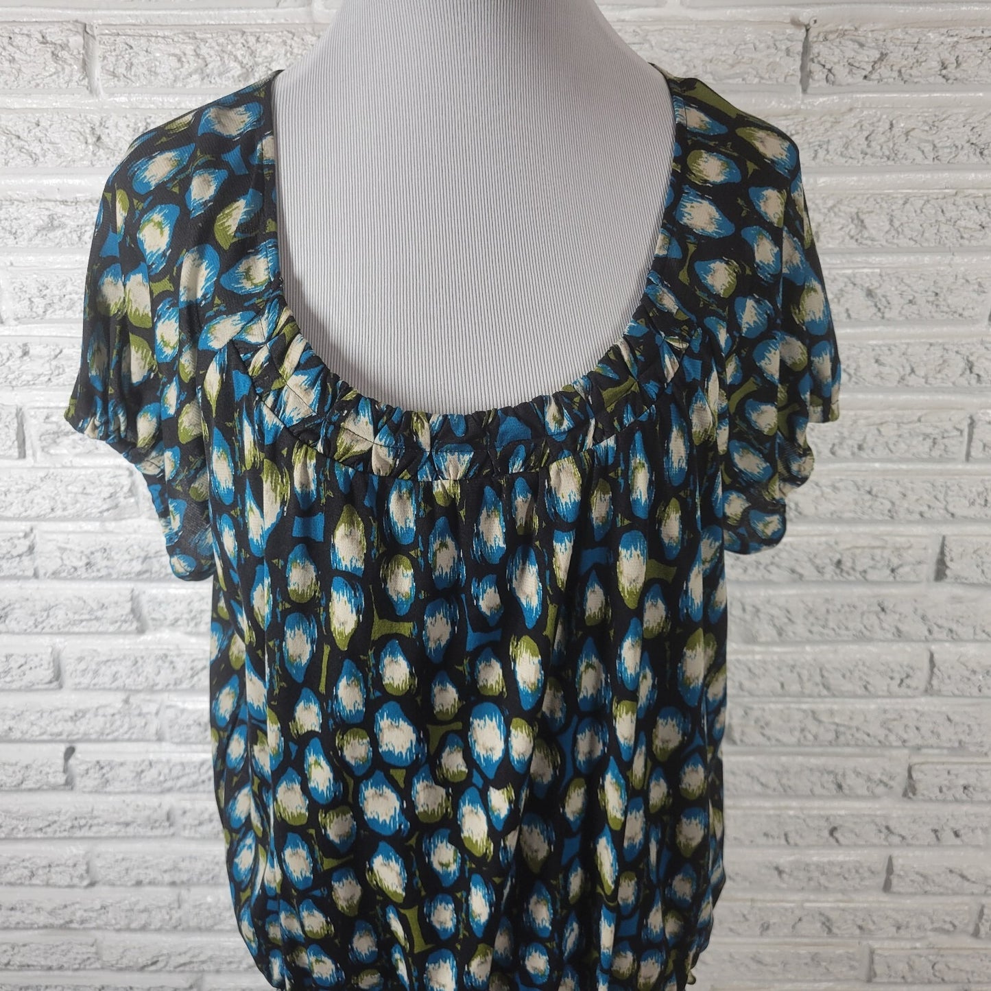 Worthington Womens Top Extra Large XL Peplum Puff Sleeve Blue Black Watercolor