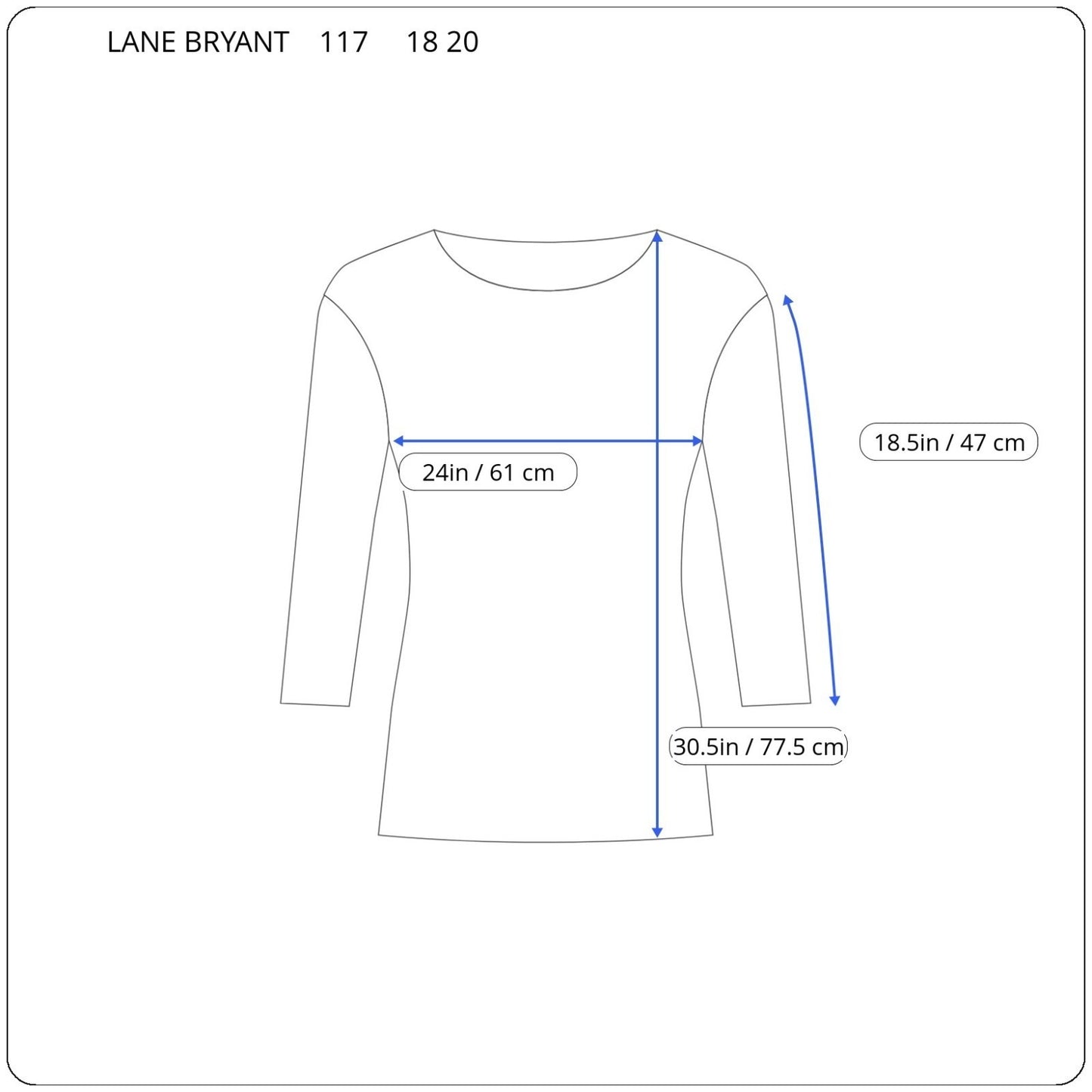 Lane Bryant Womens Top 18 20 Plus Tee 3/4 Sleeve Blue Lightweight Rayon Blend