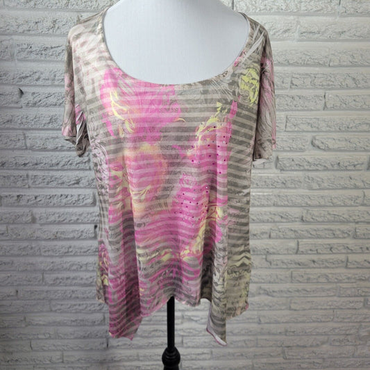 Jane Ashley Womens Top 2X Tee Pink Floral Polyester Handkerchief Hem Lightweight