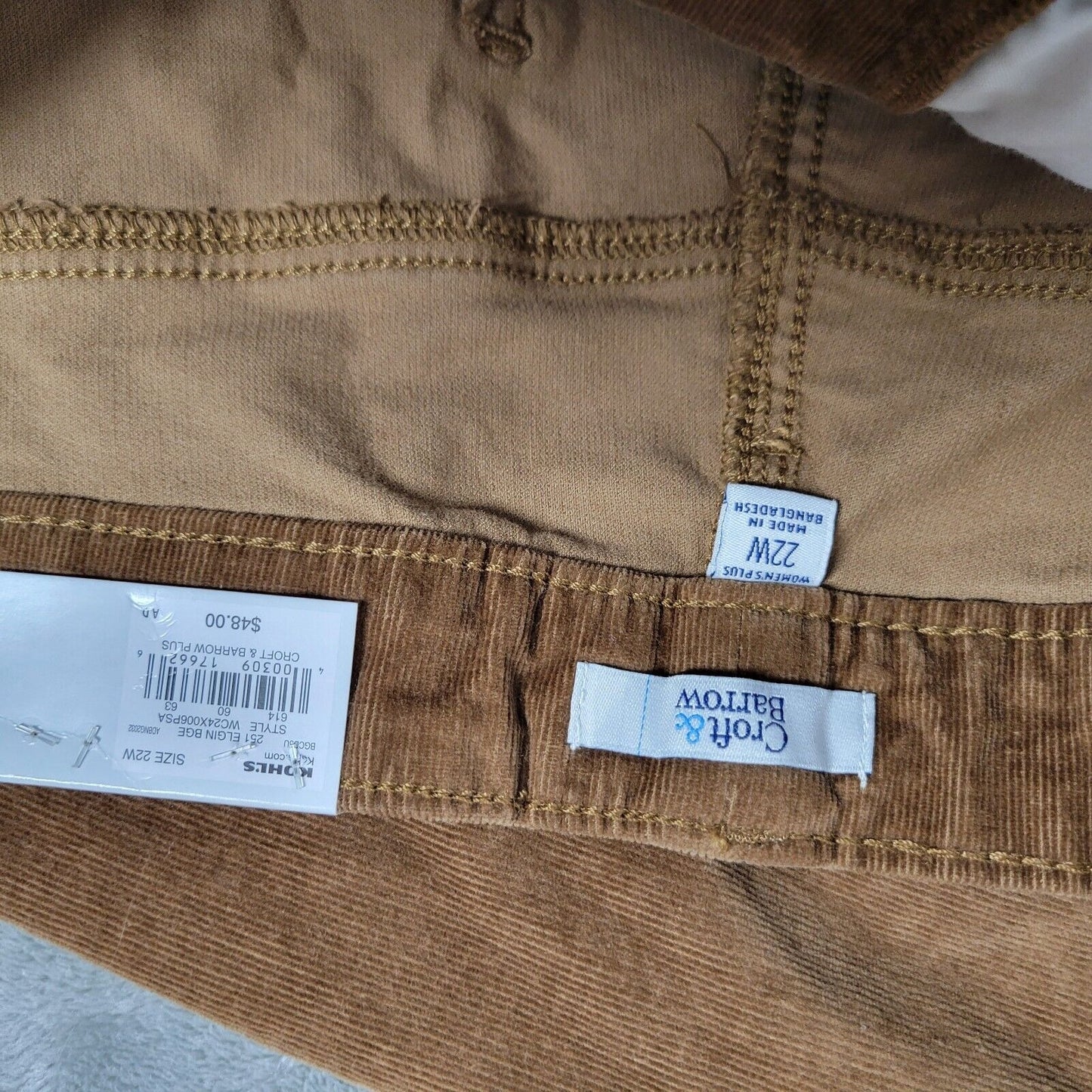 Croft Barrow Womens Pants 22W Plus Corduroy Brown Straight Leg Zip Fly Comfy