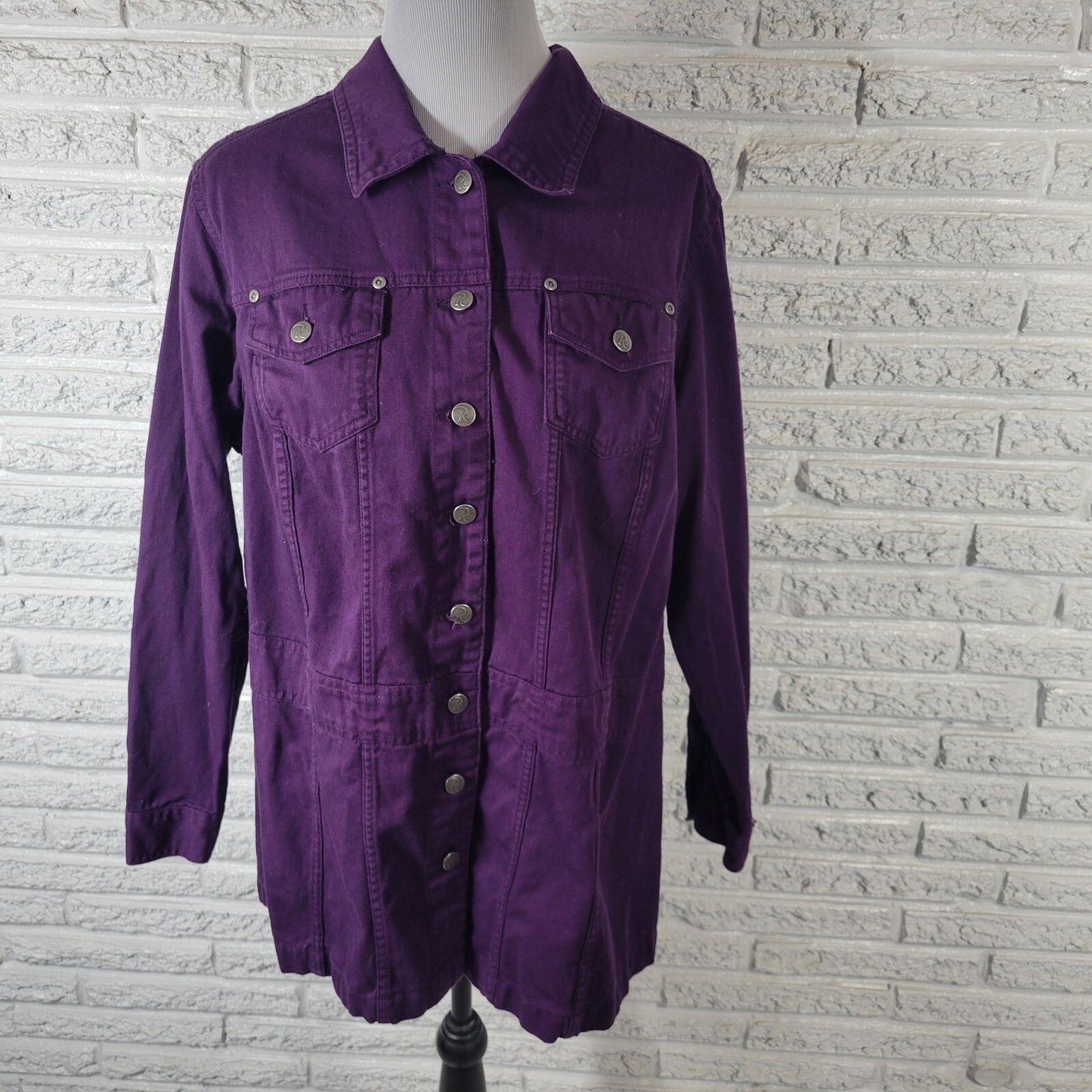Roamans Womens Jacket 18W Plus Button Up Purple Denim Pockets Adjustable Waist