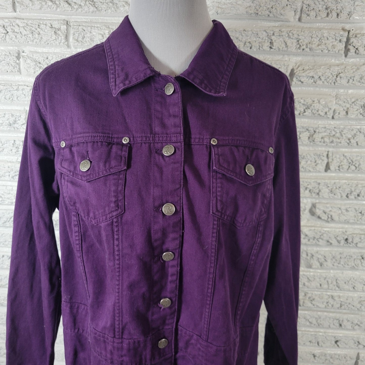 Roamans Womens Jacket 18W Plus Button Up Purple Denim Pockets Adjustable Waist