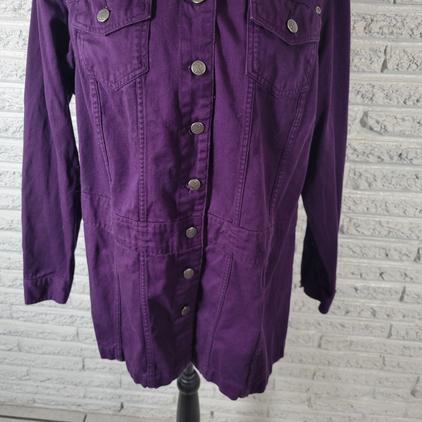 Roamans Womens Jacket 18W Plus Button Up Purple Denim Pockets Adjustable Waist