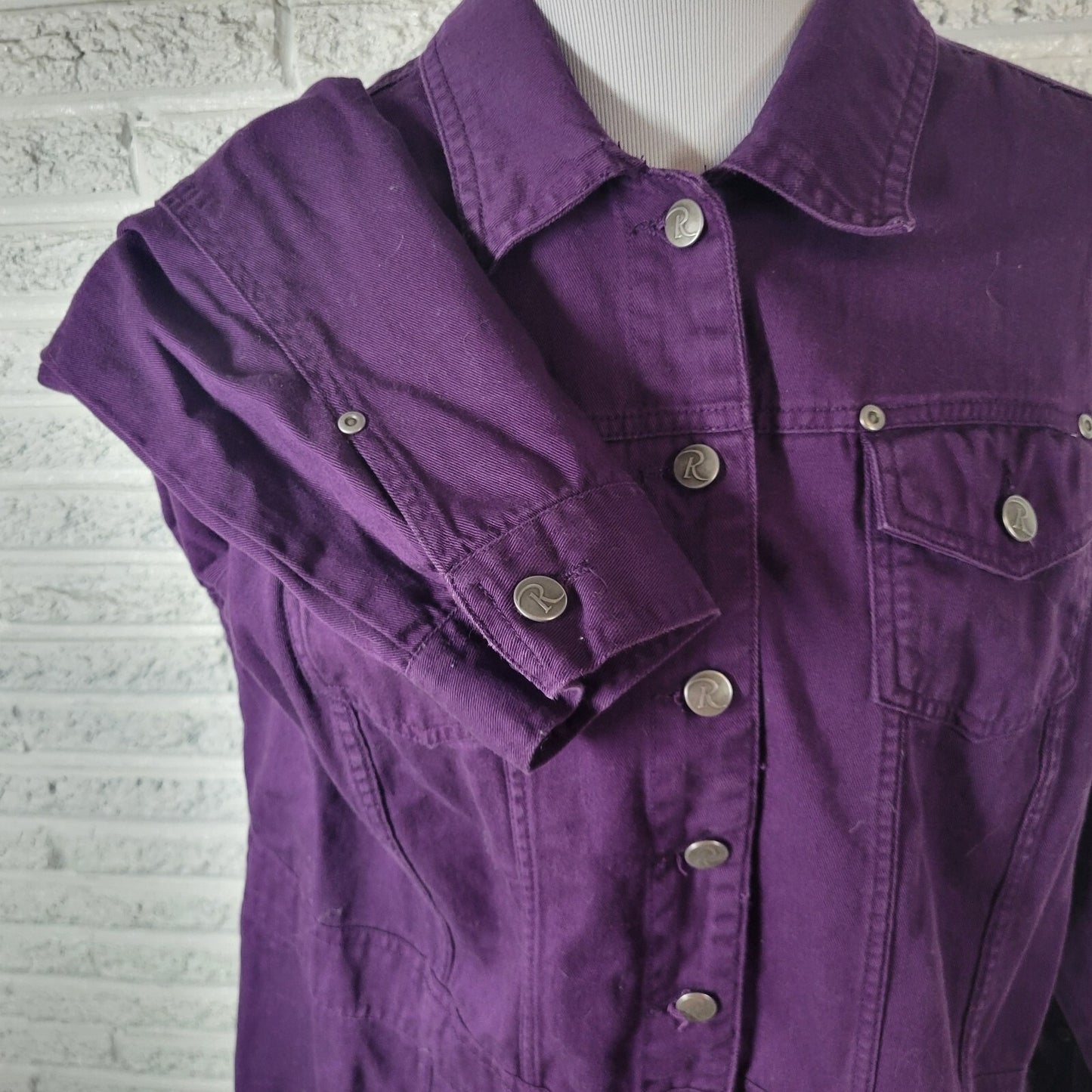 Roamans Womens Jacket 18W Plus Button Up Purple Denim Pockets Adjustable Waist
