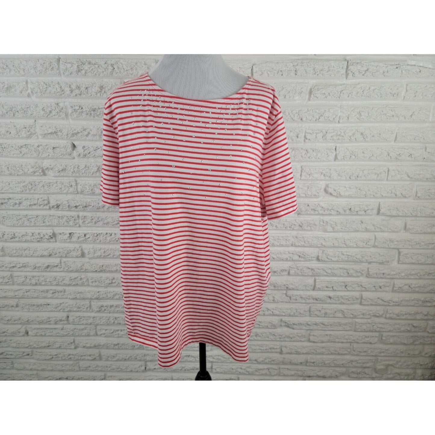 Coral Bay Women Shirt 2X Plus Tee Studded Pullover Red Stripe Casual Lightweight