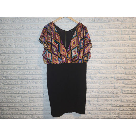 Nicole Miller Womens Dress 18W Plus Sheath Flutter Sleeve Black Geometric Zip