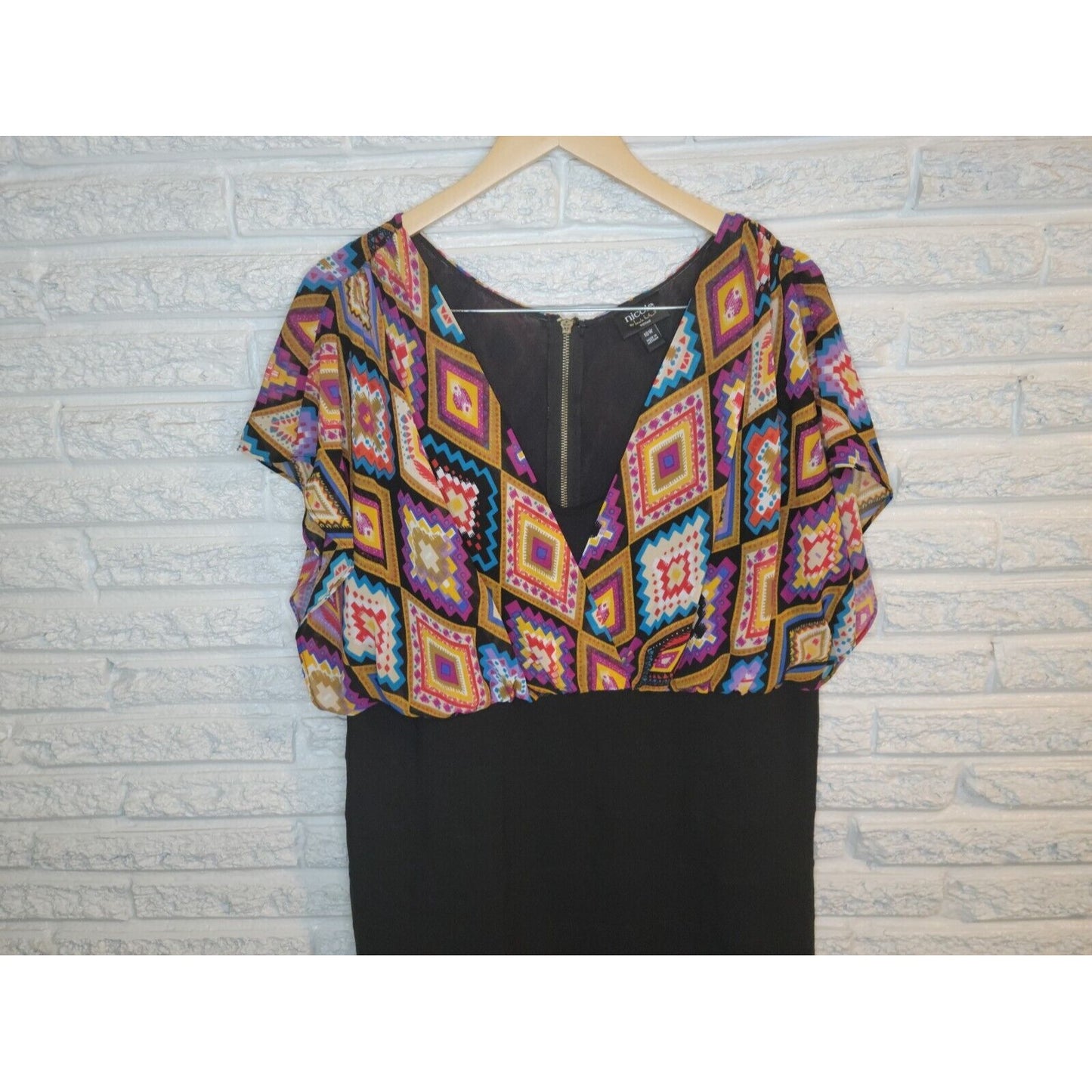 Nicole Miller Womens Dress 18W Plus Sheath Flutter Sleeve Black Geometric Zip