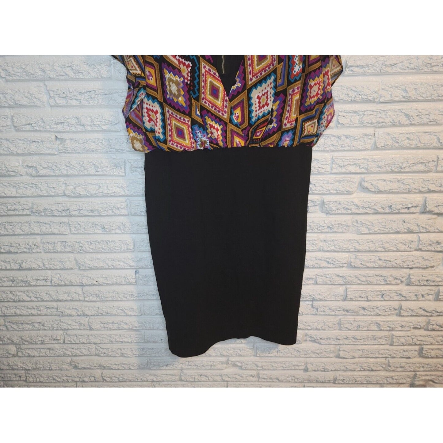 Nicole Miller Womens Dress 18W Plus Sheath Flutter Sleeve Black Geometric Zip