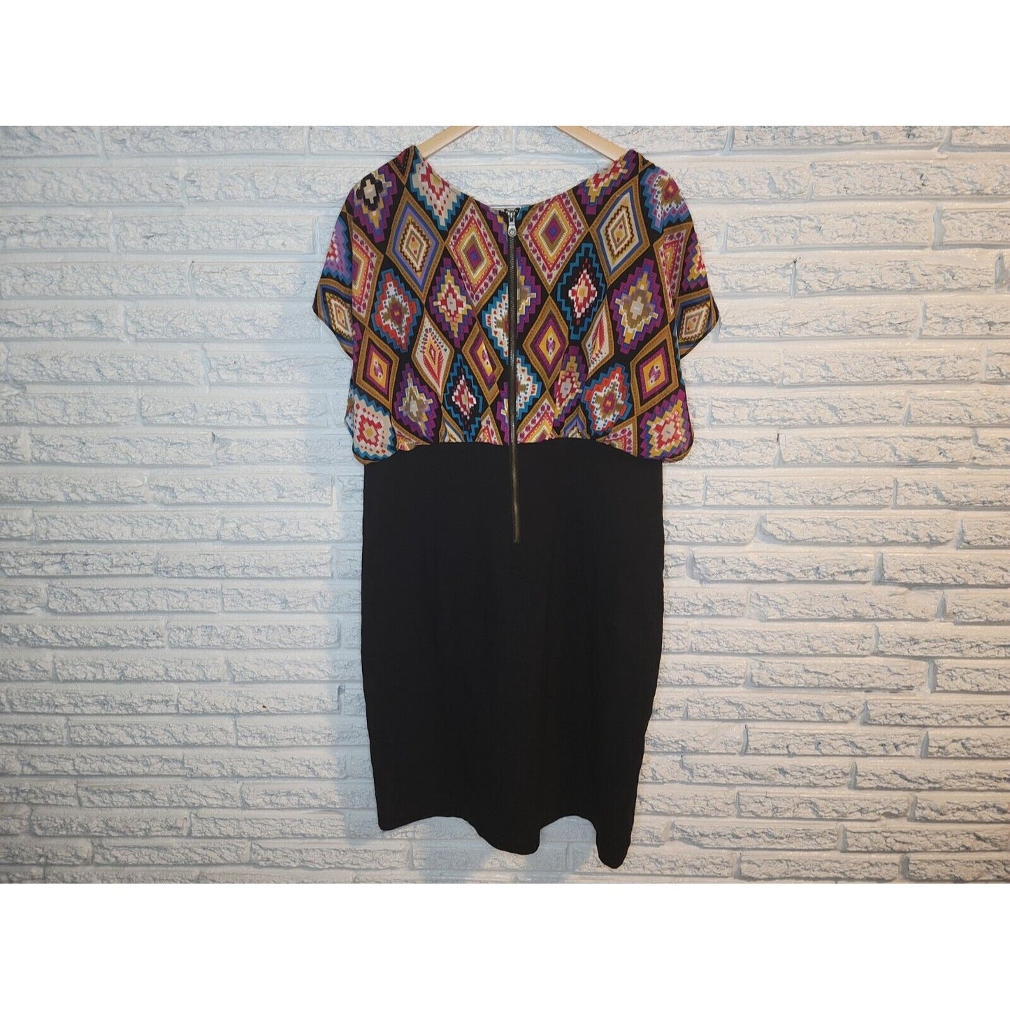 Nicole Miller Womens Dress 18W Plus Sheath Flutter Sleeve Black Geometric Zip