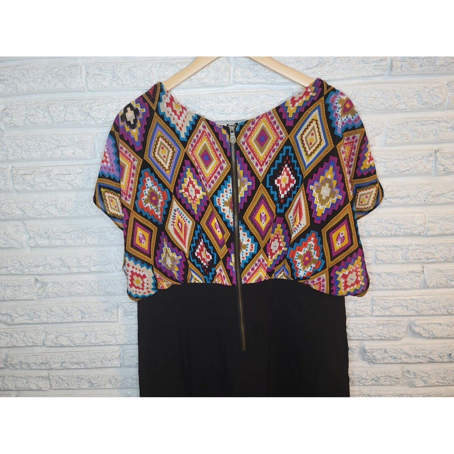 Nicole Miller Womens Dress 18W Plus Sheath Flutter Sleeve Black Geometric Zip