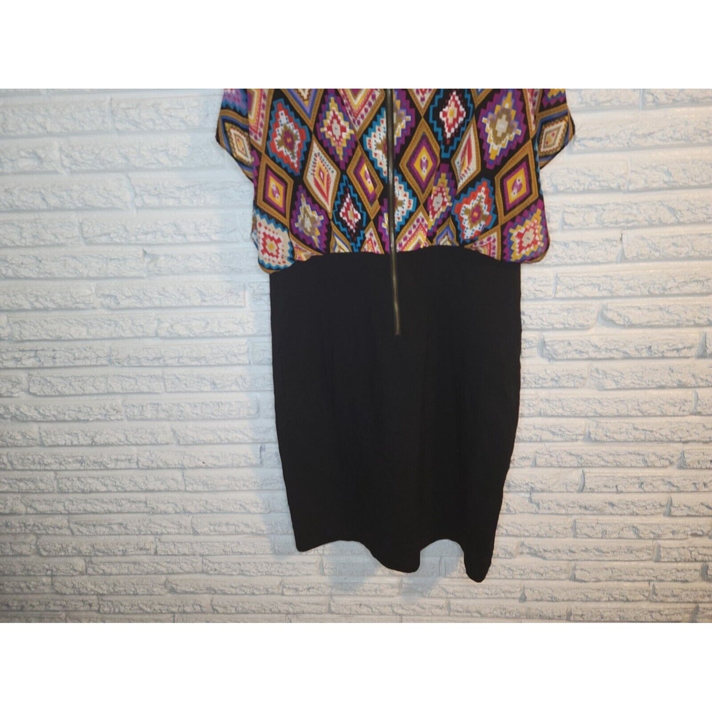 Nicole Miller Womens Dress 18W Plus Sheath Flutter Sleeve Black Geometric Zip