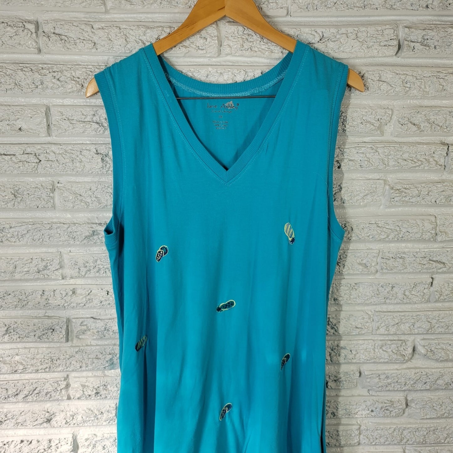 Jane Ashley Women Dress 1X Plus Sleeveless Blue Flip Flops Summer Cotton Pockets