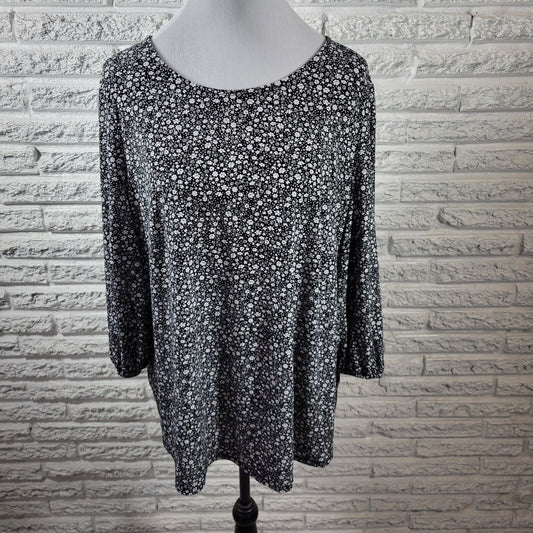 Adrianna Papell Womens Top 1X Long Sleeve Black Floral Poly Blend Back Keyhole