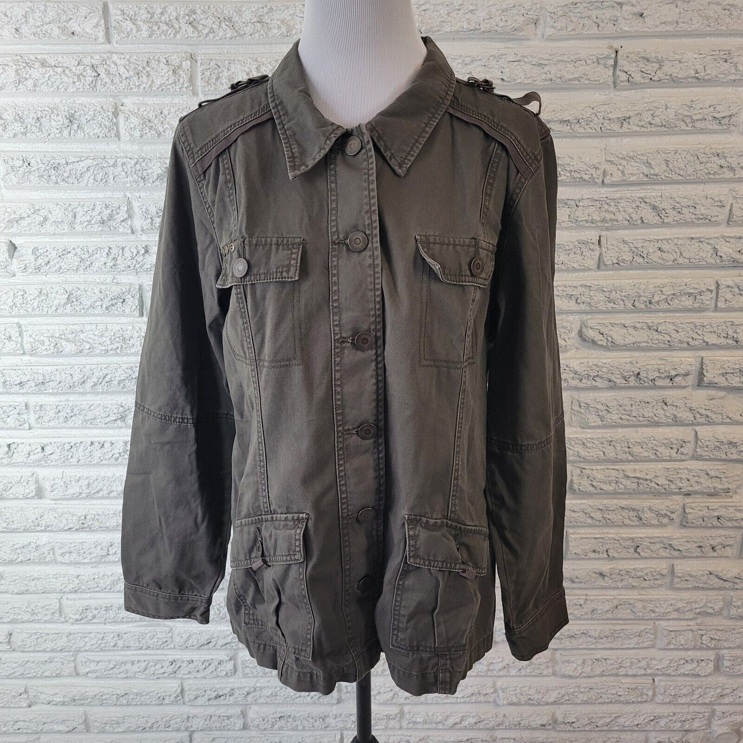 Maurices Womens Jacket XL Denim Gray Cotton Button Shoulder Strap Pockets