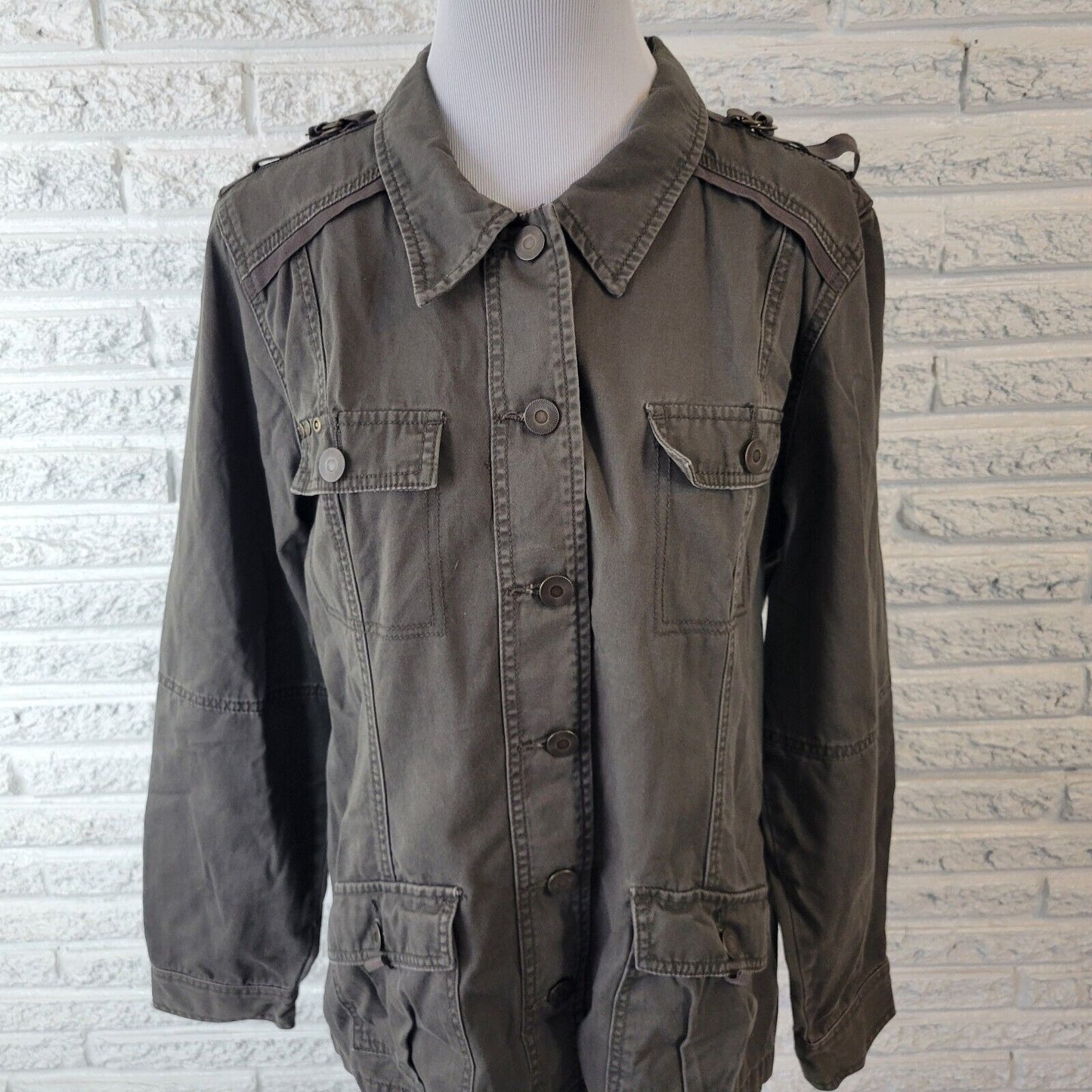 Maurices Womens Jacket XL Denim Gray Cotton Button Shoulder Strap Pockets