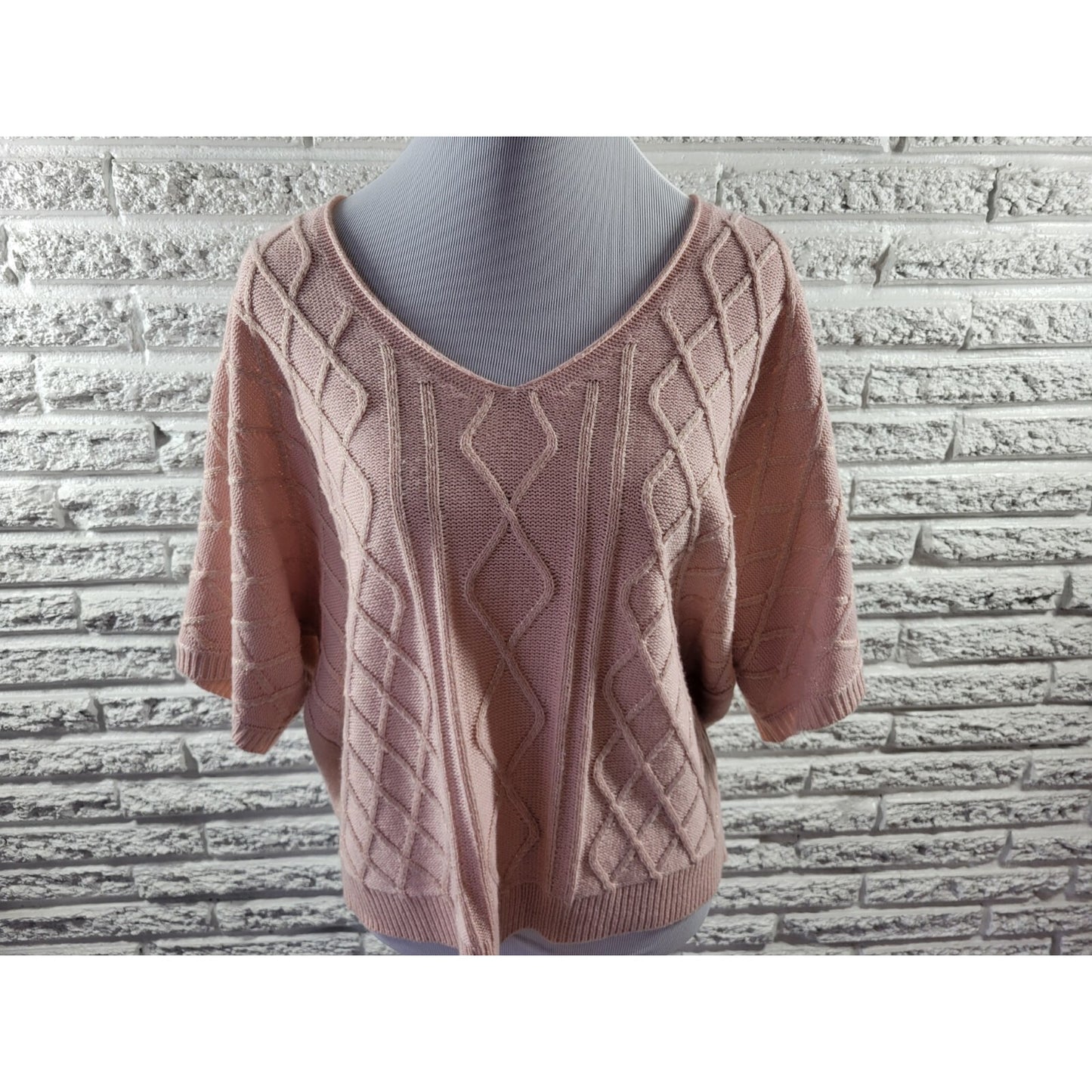 NY Collection Women Sweater Extra Large Short Sleeve Pink Metallic Thread Office