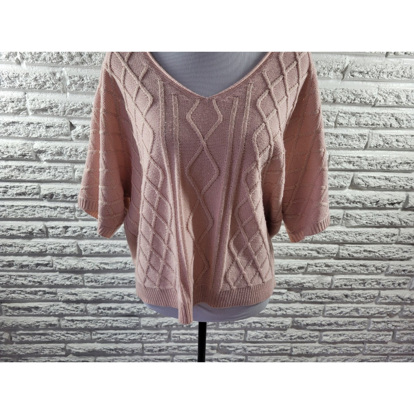 NY Collection Women Sweater Extra Large Short Sleeve Pink Metallic Thread Office