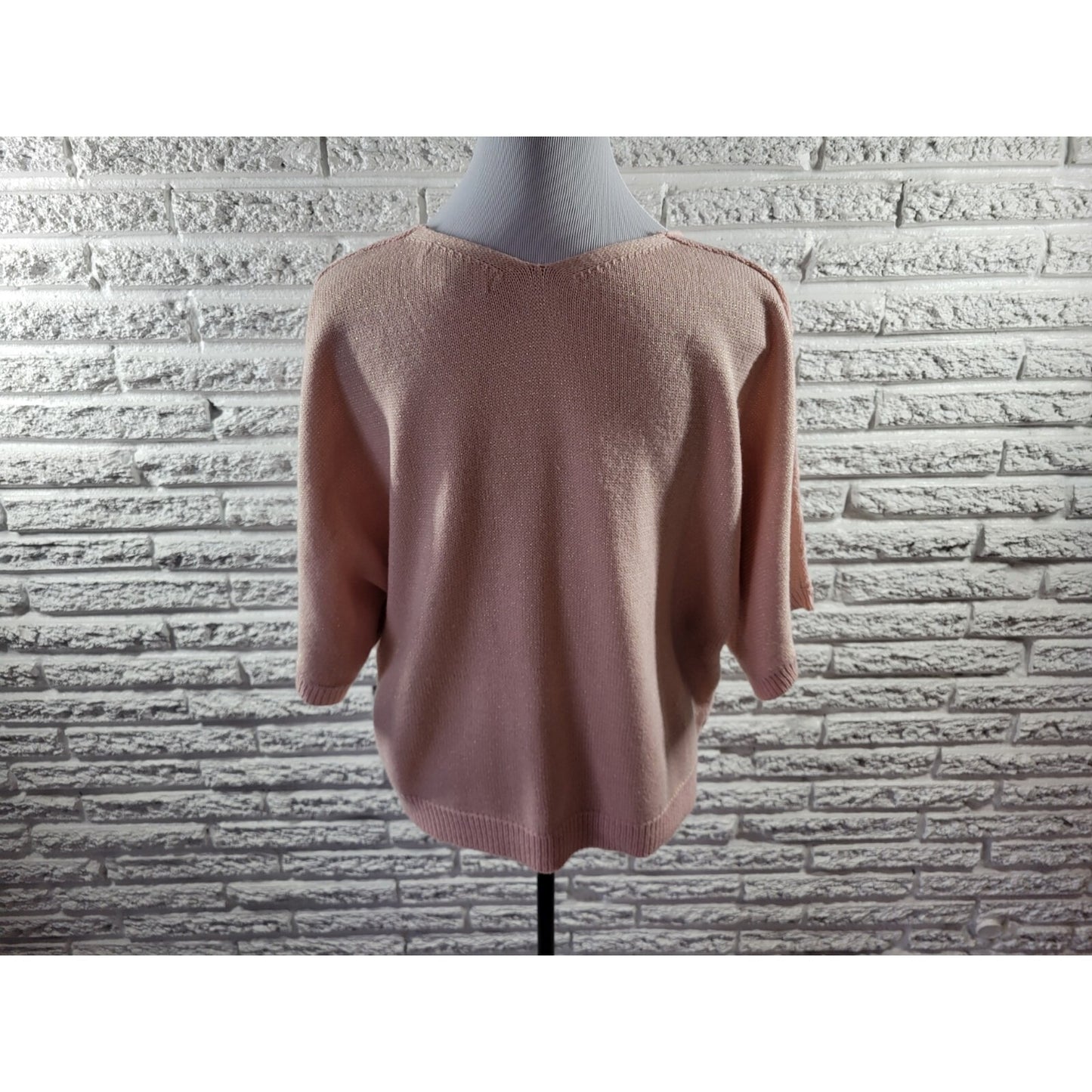 NY Collection Women Sweater Extra Large Short Sleeve Pink Metallic Thread Office
