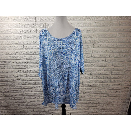 Avenue Women Top 30 32 Plus Tee Short Sleeve Blue Floral Polyester Lightweight
