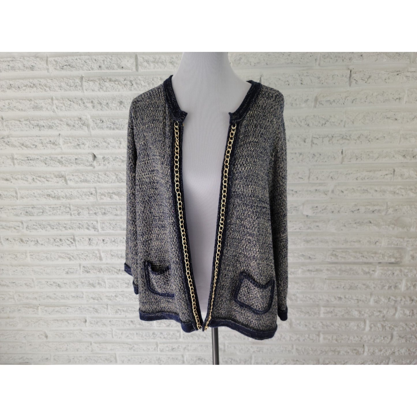 Roz Ali Womens Sweater 2X Plus Cardigan Blue Embellished Metallic Thread Chain