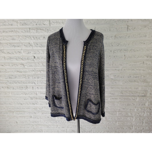 Roz Ali Womens Sweater 2X Plus Cardigan Blue Embellished Metallic Thread Chain