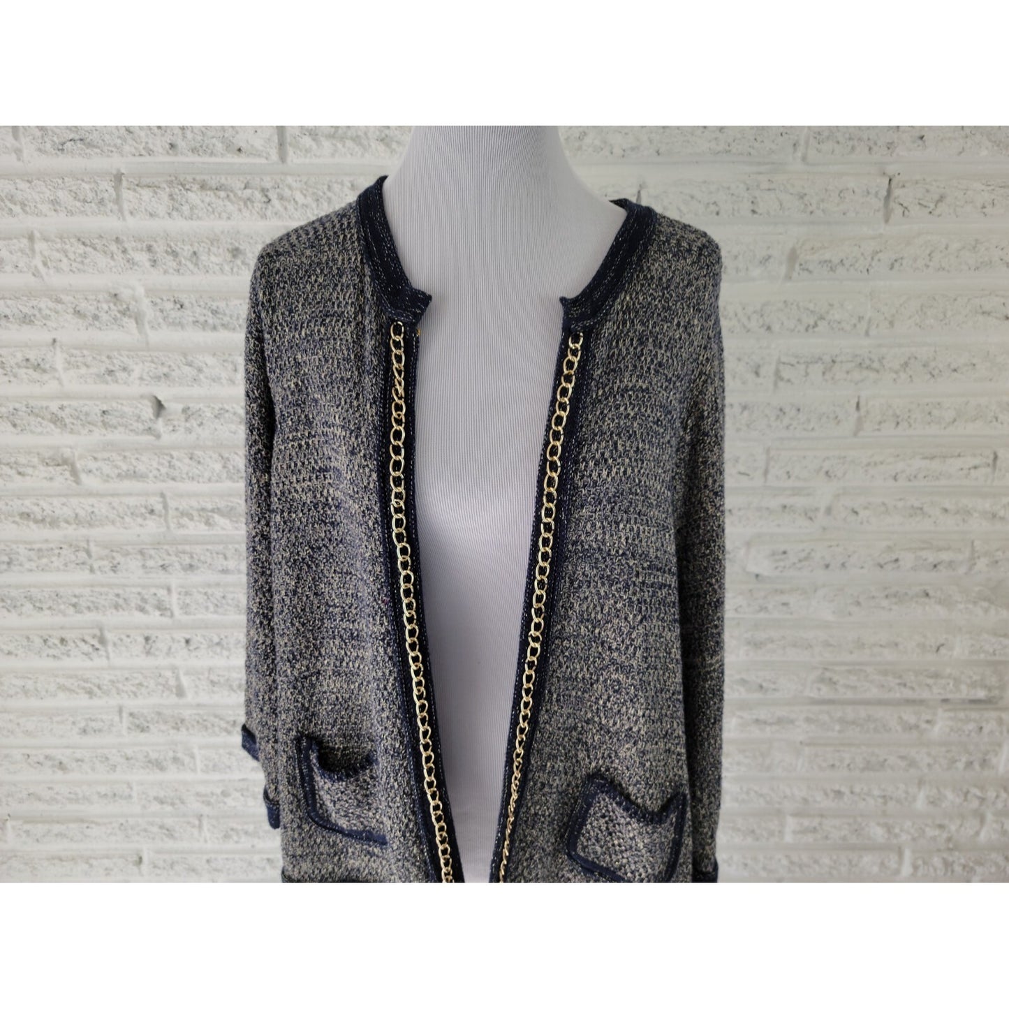 Roz Ali Womens Sweater 2X Plus Cardigan Blue Embellished Metallic Thread Chain