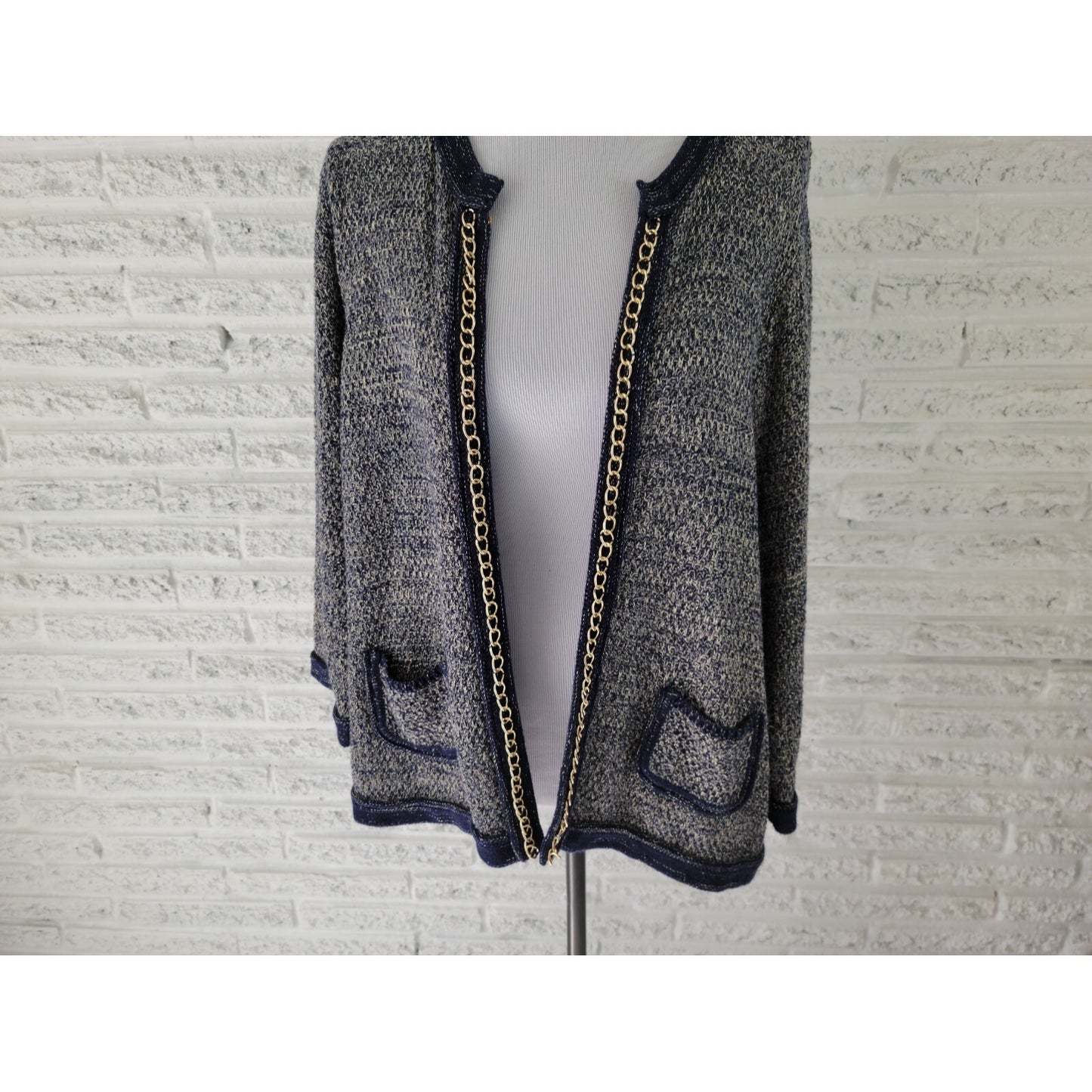 Roz Ali Womens Sweater 2X Plus Cardigan Blue Embellished Metallic Thread Chain