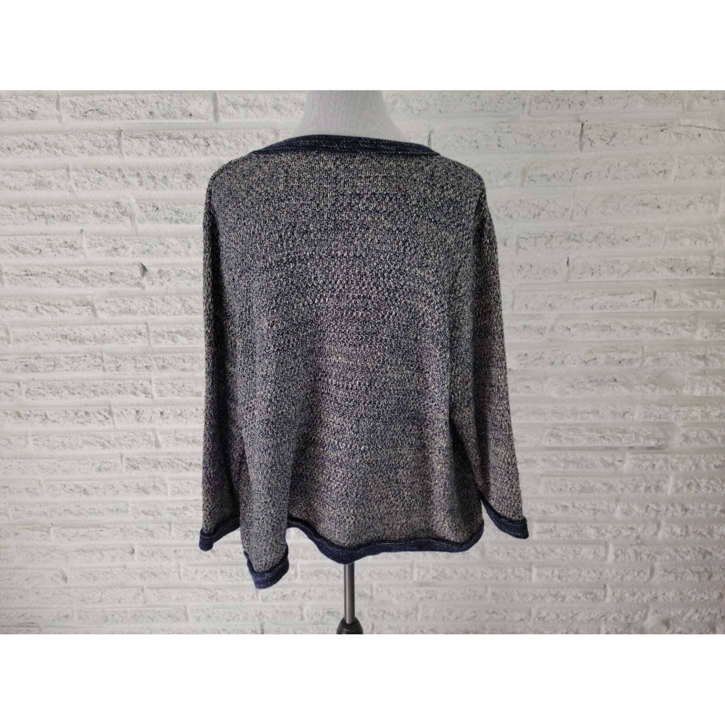 Roz Ali Womens Sweater 2X Plus Cardigan Blue Embellished Metallic Thread Chain