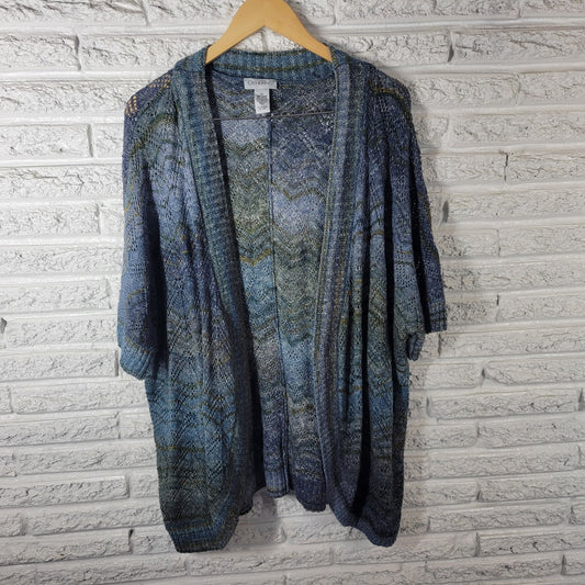 Catherines Womens Sweater 3X Plus Cardigan Open Short Sleeve Blue Cotton Blend