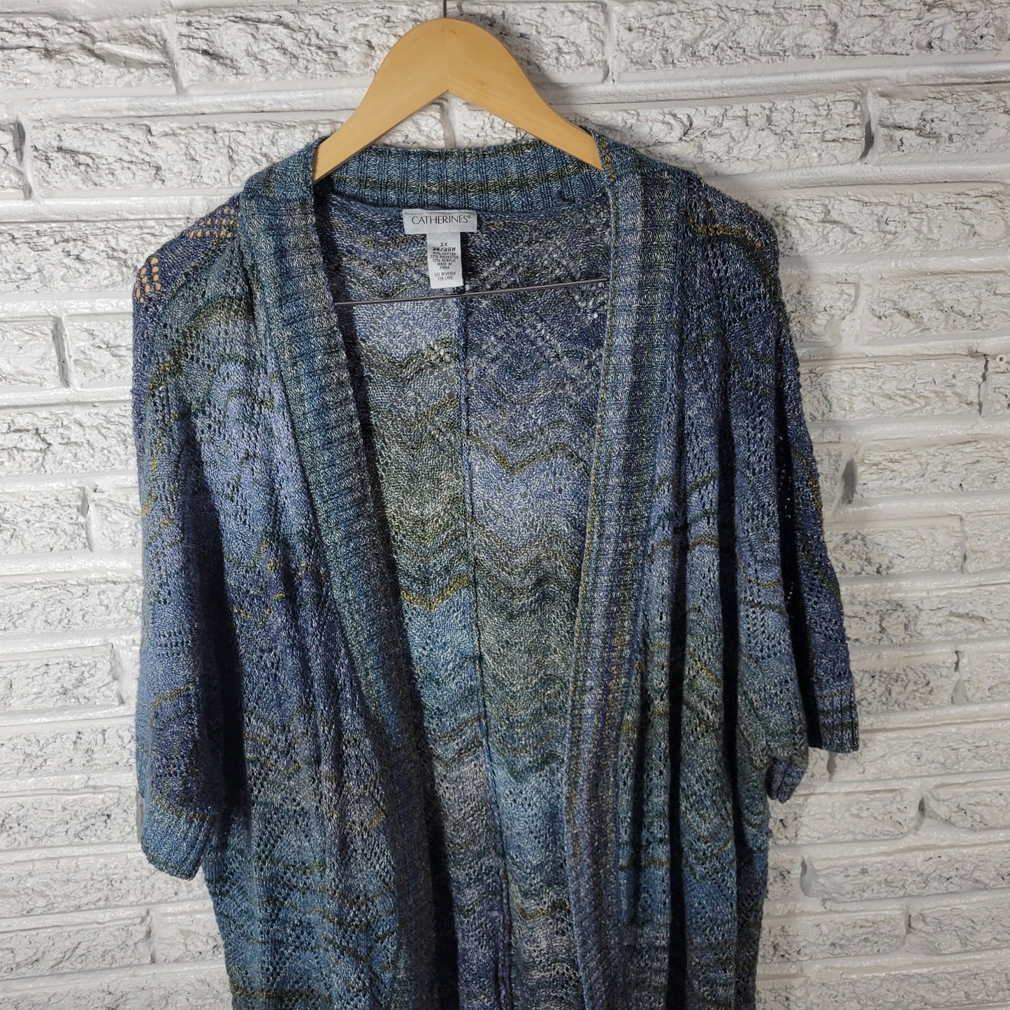 Catherines Womens Sweater 3X Plus Cardigan Open Short Sleeve Blue Cotton Blend