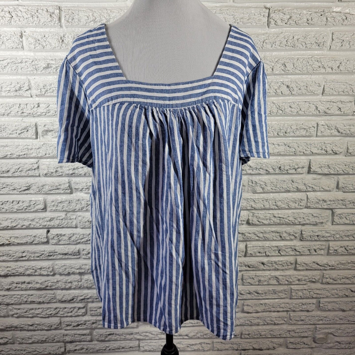 Terra Sky Womens Top 1X 16W 18W Short Sleeve Blue Stripe Linen Rayon Lightweight