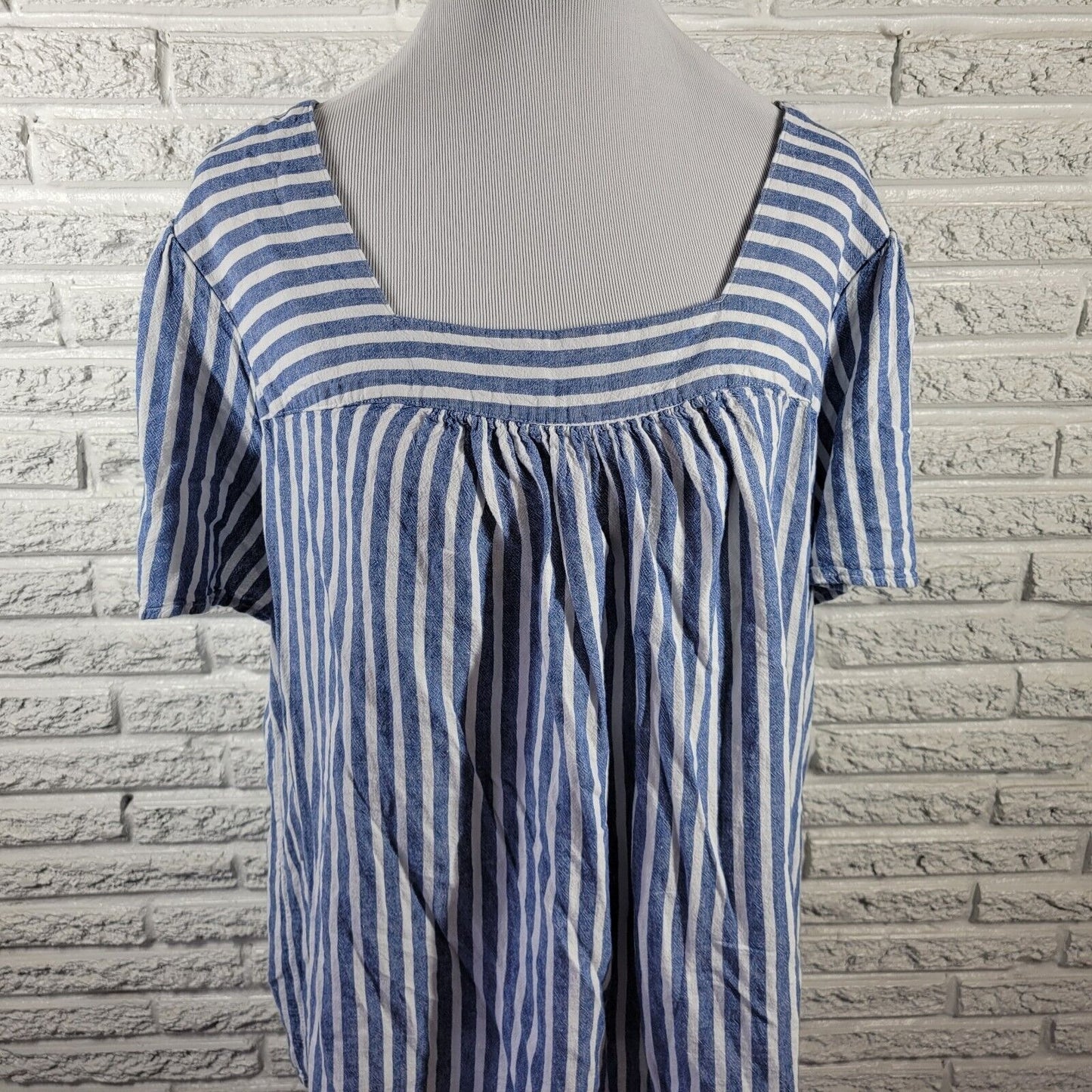 Terra Sky Womens Top 1X 16W 18W Short Sleeve Blue Stripe Linen Rayon Lightweight