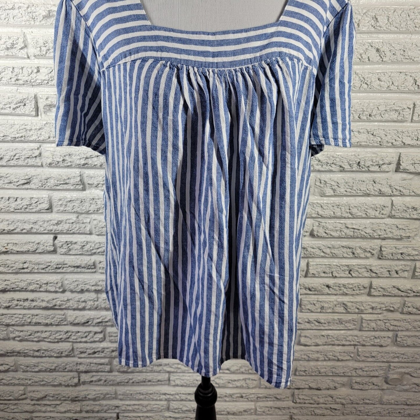 Terra Sky Womens Top 1X 16W 18W Short Sleeve Blue Stripe Linen Rayon Lightweight