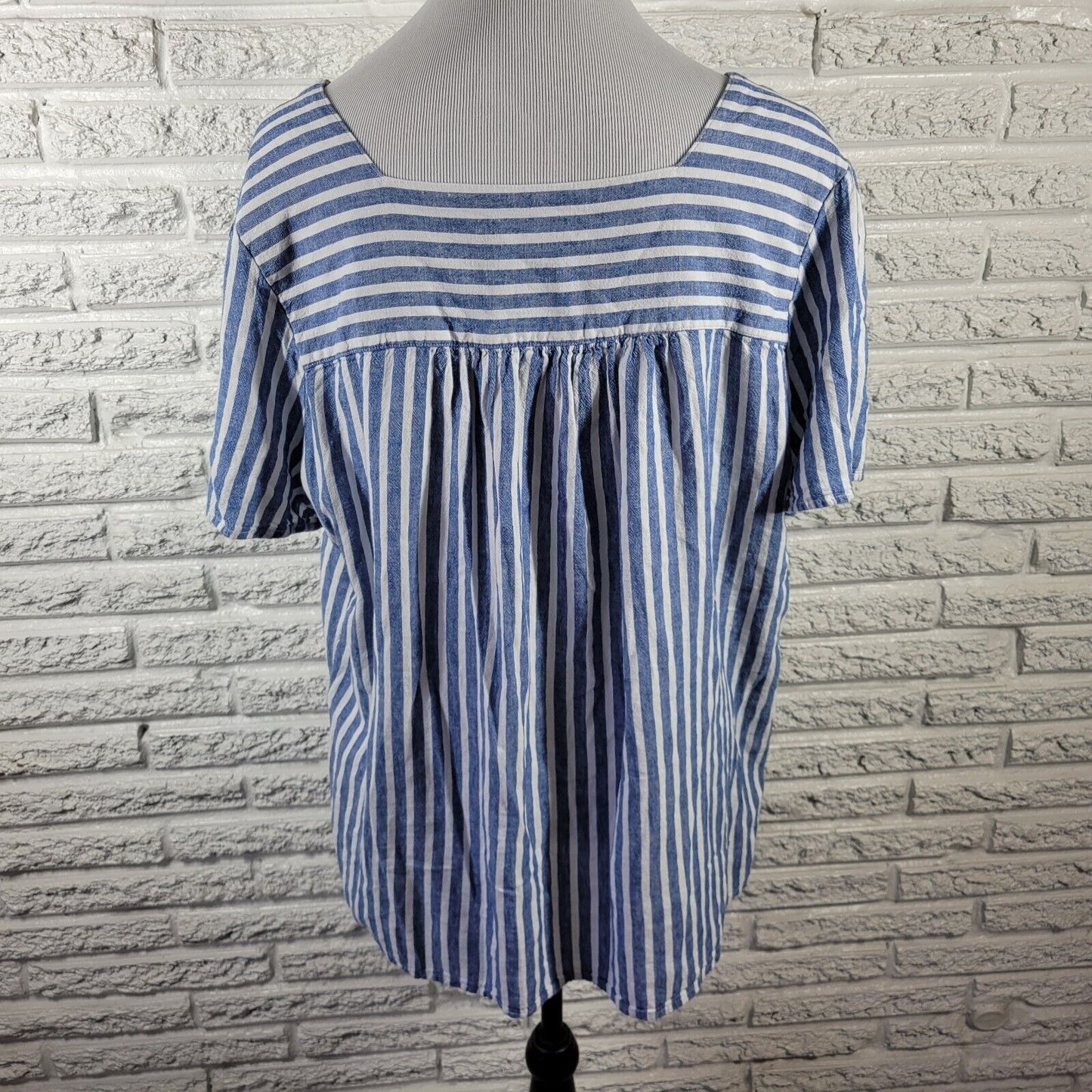 Terra Sky Womens Top 1X 16W 18W Short Sleeve Blue Stripe Linen Rayon Lightweight
